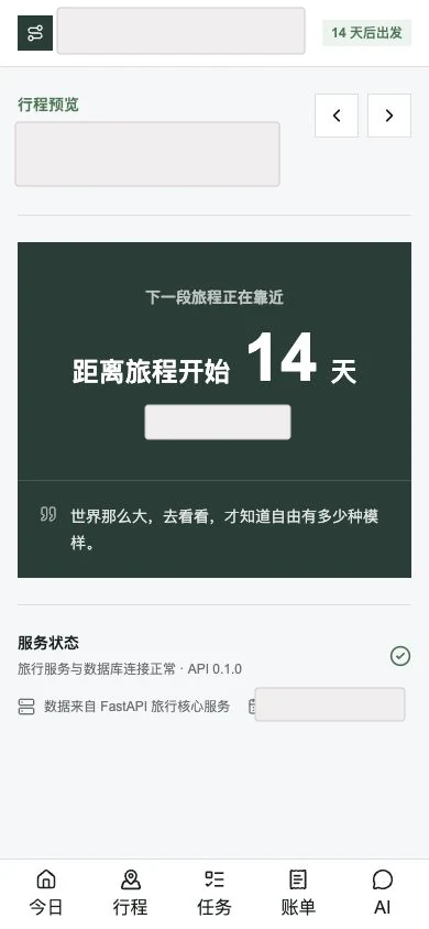 脱敏后的 AI 旅行管理助手今日页面